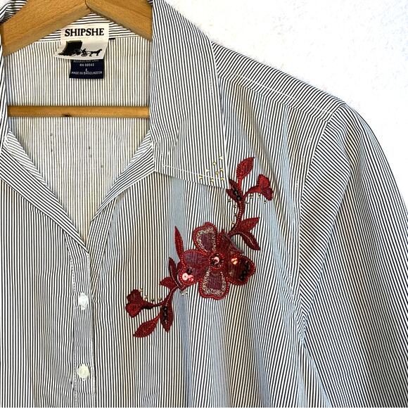 Shipshe Womens Striped Button Top Sz L Western Artsy 3D Floral Applique‎ - Picture 3 of 14